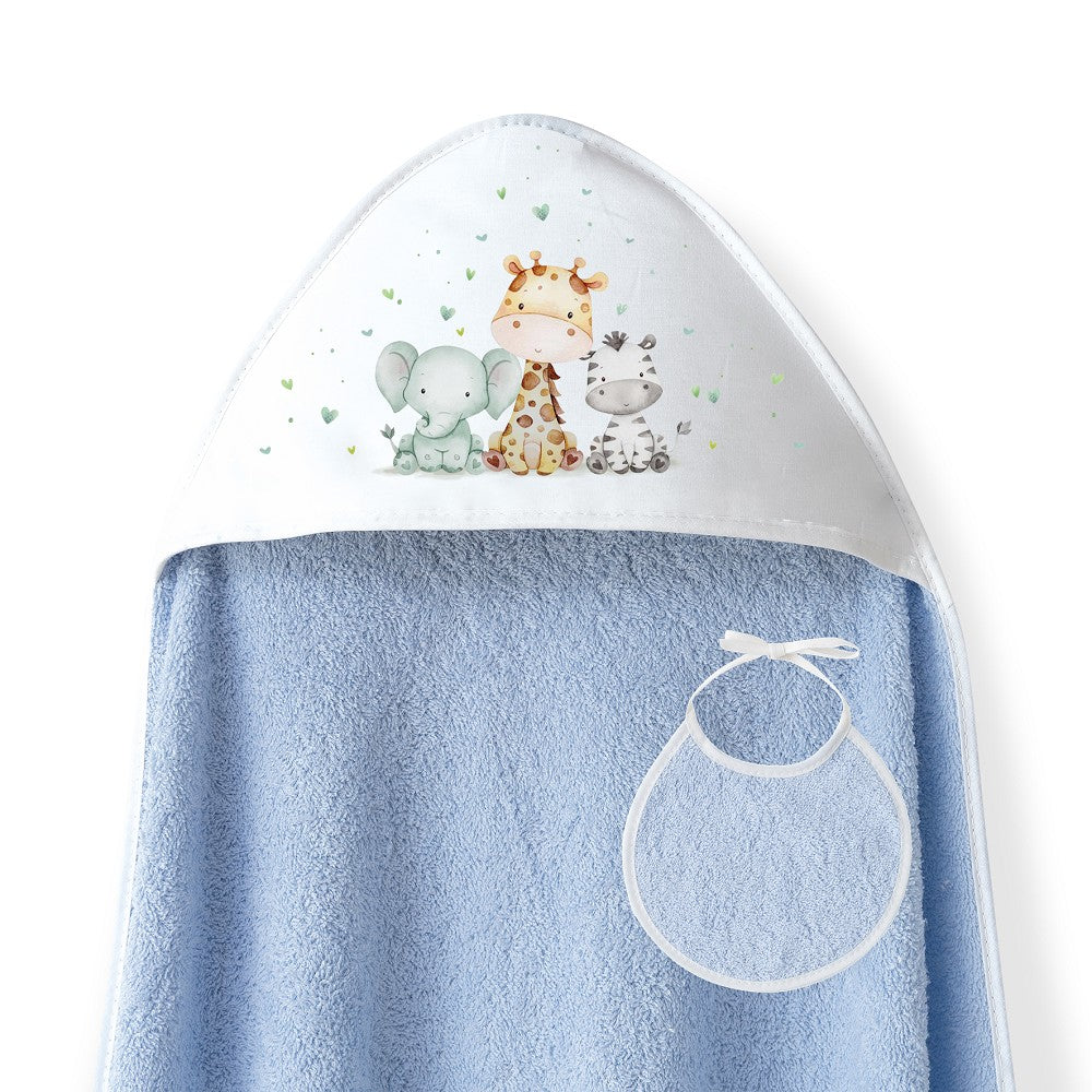 Interbaby Toalha de Banho 100X100 + Babete Jirafa Elefante Azul
