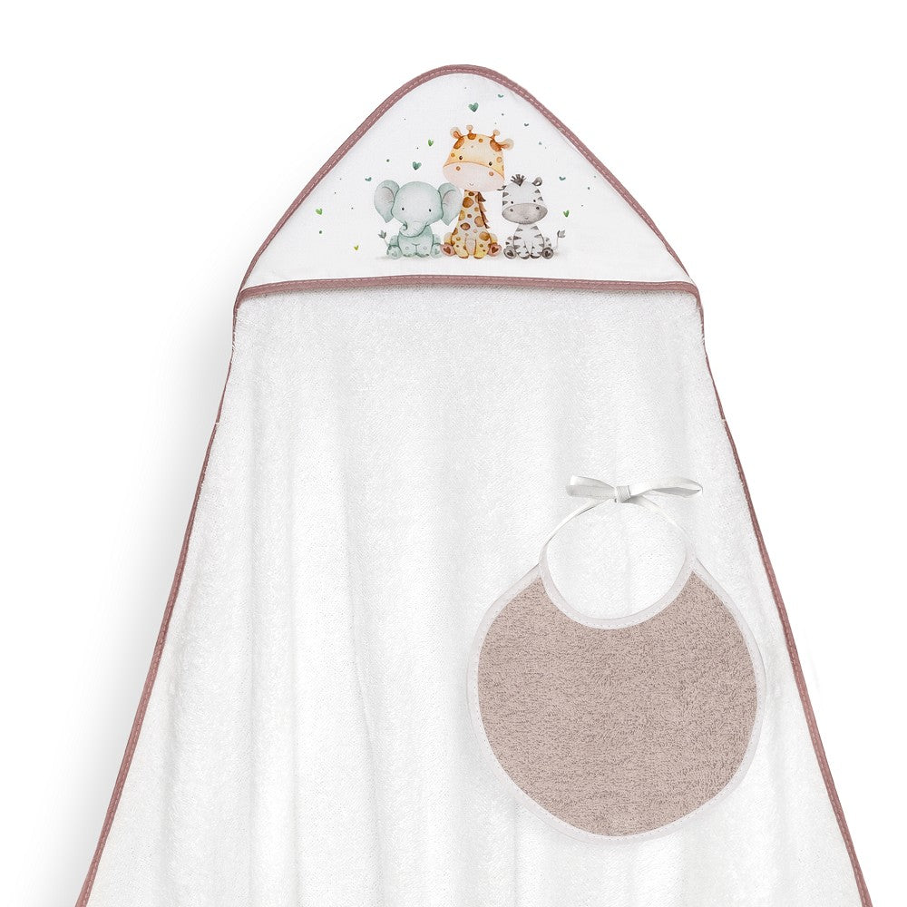 Toalha de banho 100X100 + Babete Jirafa Elefante Rosa Escuro Interbaby