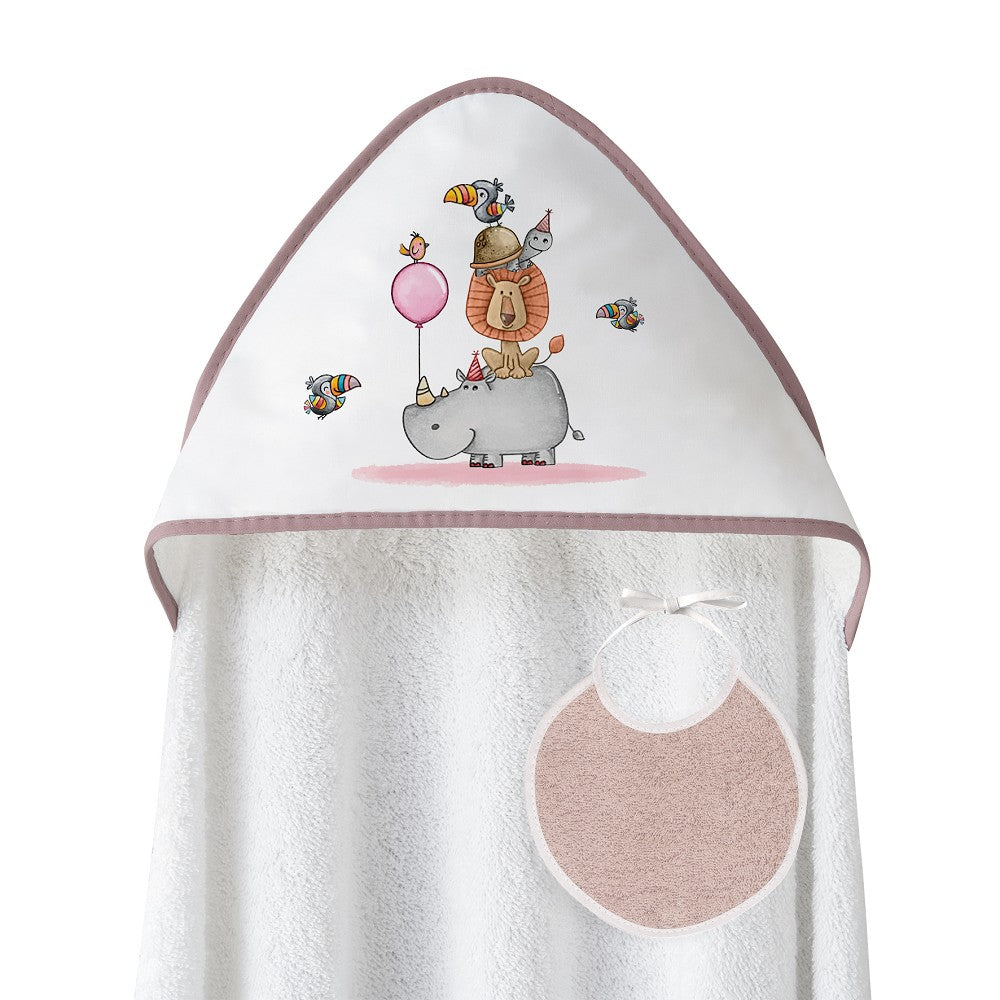 Toalha de banho 100X100 + Babete Rino Leon Rosa Escuro Interbaby