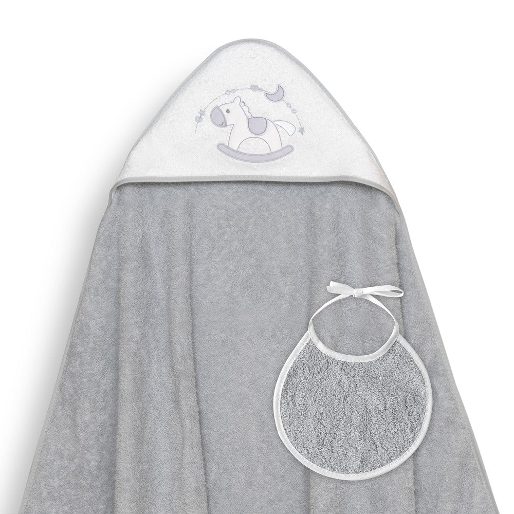 Toalha de banho 100X100 + Babete Caballito Cinza Interbaby