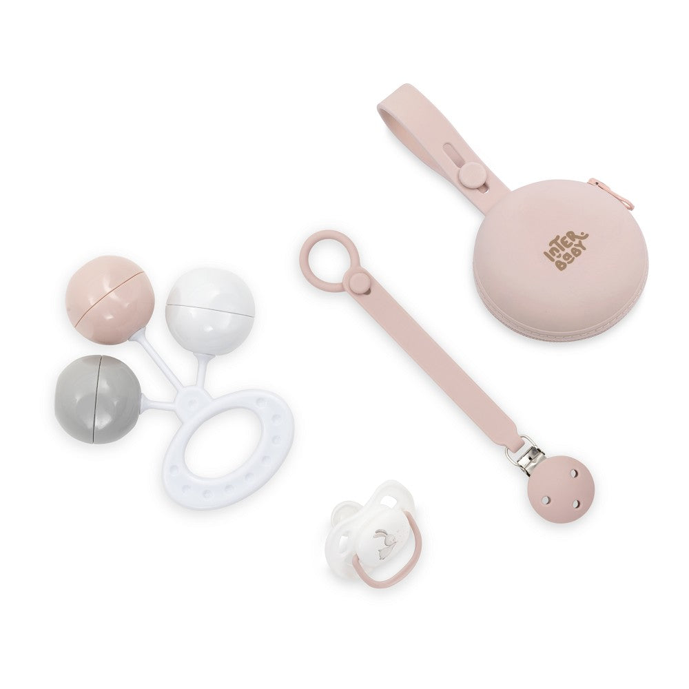 Conjunto 4 Fixadores Chupeta em Silicone + Porta-chupetas + Chocalho + Protetor Rosa Interbaby