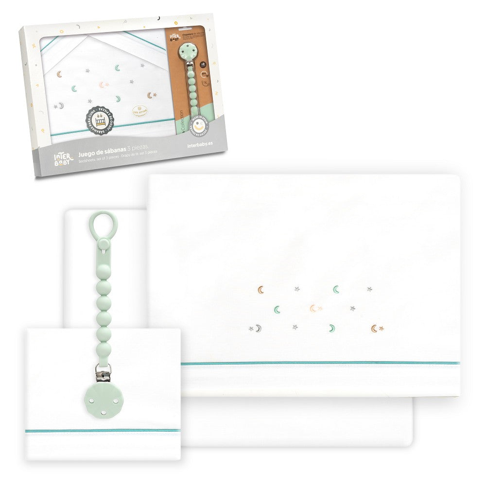 Conjunto Berço Triplo Multicolorido com Estrelas e Lua + Porta-chupetas Branco/Verde Interbaby