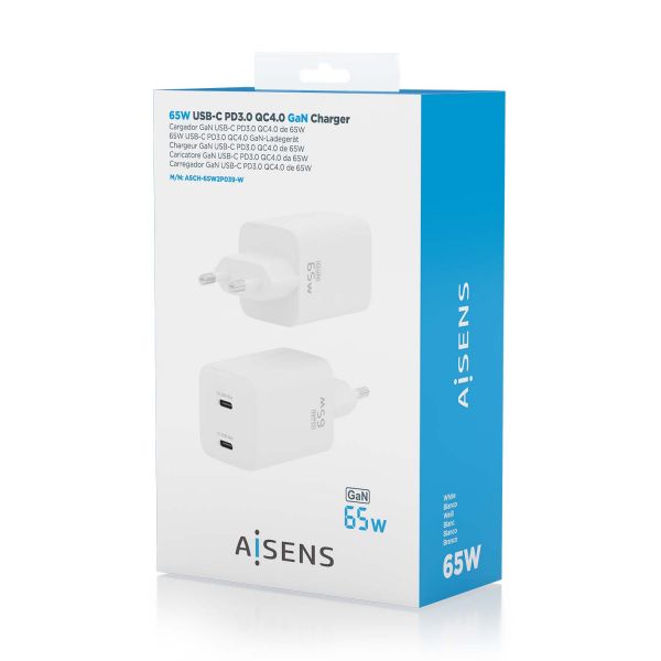AISENS ASCH-65W2P039-W Carregador de Parede 65W GaN 2xUSB-C PD3.0 QC4.0 Branco