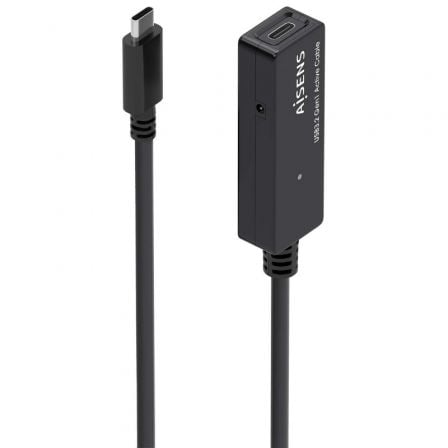 Cabo Alargador USB 3.2 Preto com Amplificador Aisens A107-0869 / USB Tipo-C Macho - USB Tipo-C Fêmea / Até 100W / 20Gbps / 5m