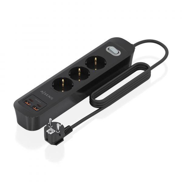 Aisens ASPS-2A2C11-BK Regleta 3 tomas Schuko 2 USB-A 2 USB Tipo-C 1.4m Preto