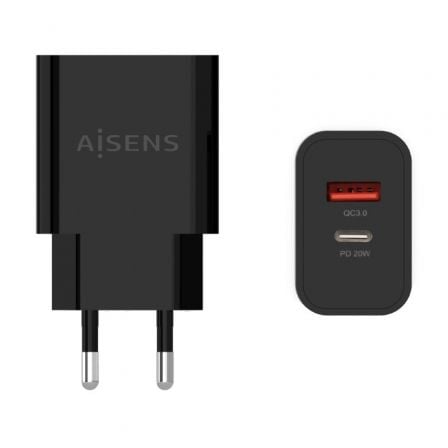 Cargador de Parede AISENS A110-0682 / 1xUSB Tipo-C / 1x USB / 20W / Preto