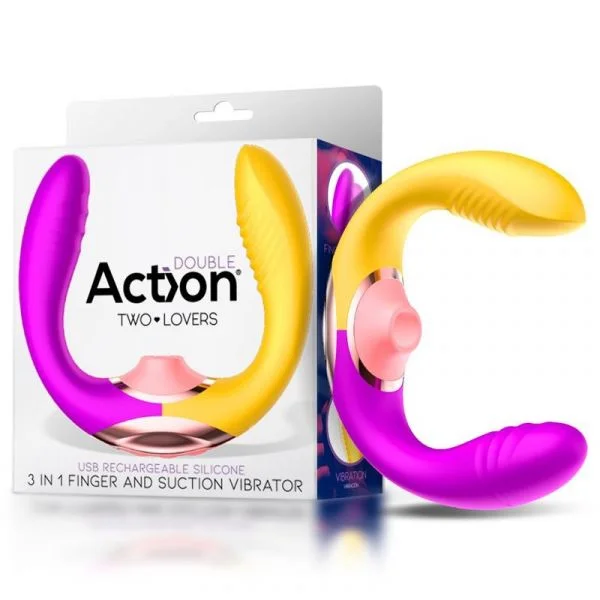 Action Two Lovers Vibrador para Casal 3 In 1 com Finger e Lengua Succionadora USB