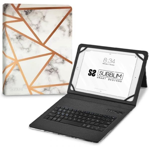 Capa para teclado Bluetooth Subblim Keytab Pro em mármore branco para tablet 9,6-11 (Teclado Espanhol)