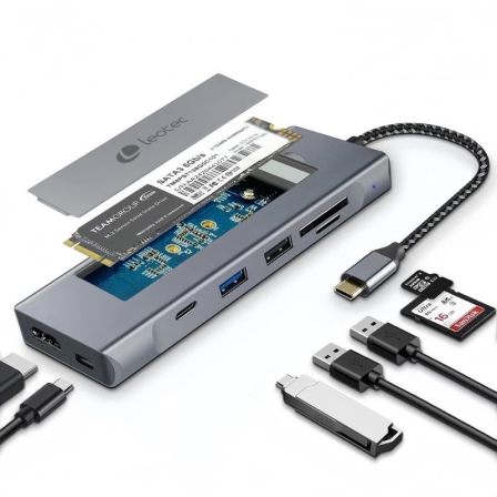 Leotec Docking Station 8-1 USB-C com Caixa Externa Ranura SSD M.2 HDMI 4K 2xUSB 3.1 USB-C PD 100W SD LEDS07