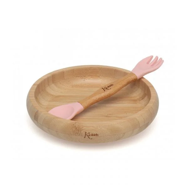 Kiokids Conjunto de Bambu Prato e Colher Rosa