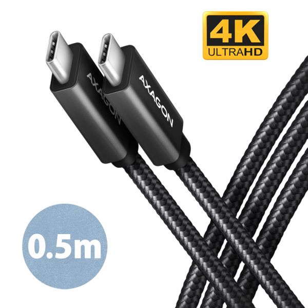 AXAGON BUCM32-CM05AB Cabo USB-C 3.2 Gen 2 Power Delivery 100W 5A 4K HD Alumínio Trançado 0.5m Preto