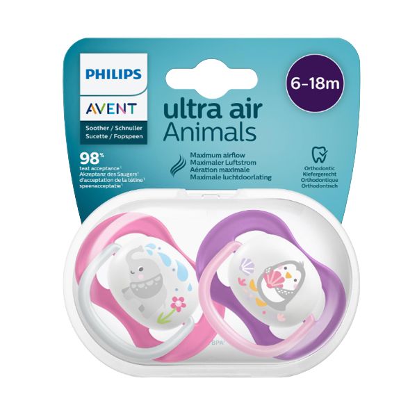 Philips Avent 2 Chupetas Ultra Air Animals 6-18m - Pinguim/Elefante - SCF080/08