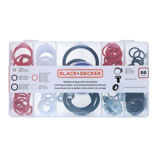 Black+Decker Conjunto de Juntas, Anilhas e Abraçadeiras 86 Peças Preto
