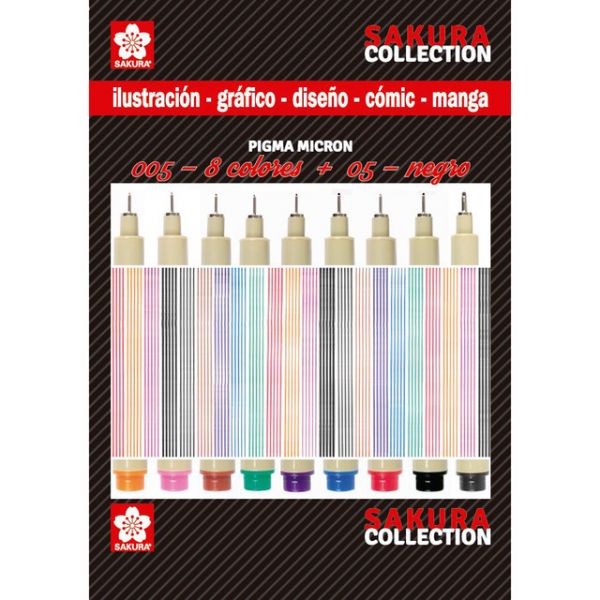 Sakura Conjunto de Nove Marcadores Pigma Mícron de Cores Tam. 005 e Preto Tam. 05 Multicolor