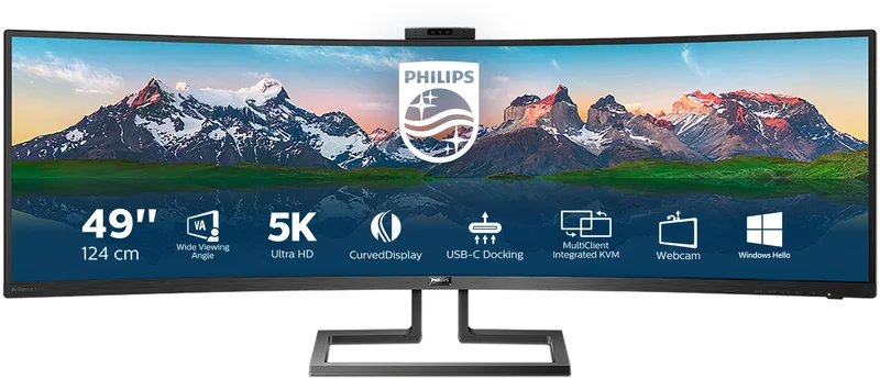 Monitor Curvo Philips 49" 499P9H VA Dual QHD 70Hz 5ms USB-C (65W) WebCam