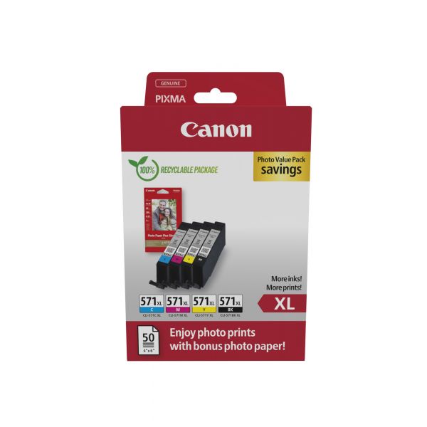 Tinteiro Canon CLI-571XL BK/C/M/Y de Alto Rendimento + Pack Económico de Papel Fotográfico