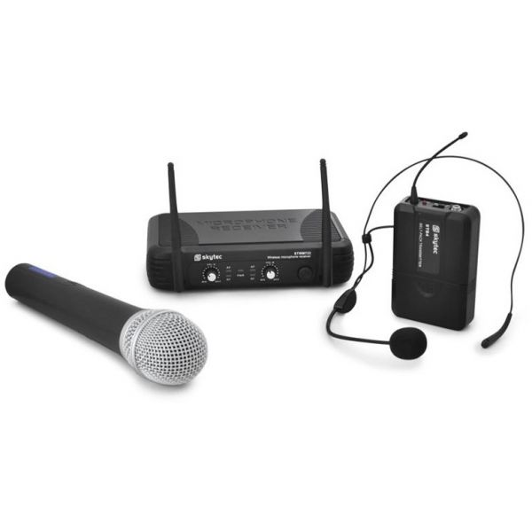 Skytec Central 2 Microfones UHF 2 Canais s/ Fios (Mão e Cabeça) - STWM722