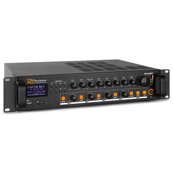 Power Dynamics Amplificador Linha 100V 120W RMS c/ 4 Zonas MP3/USB/SD/FM/BLUETOOTH (PDV120MP3)