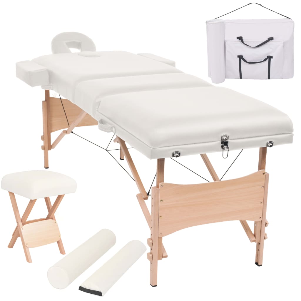 vidaXL Mesa massagem dobrável 3 zonas + banco 10 cm espessura branco