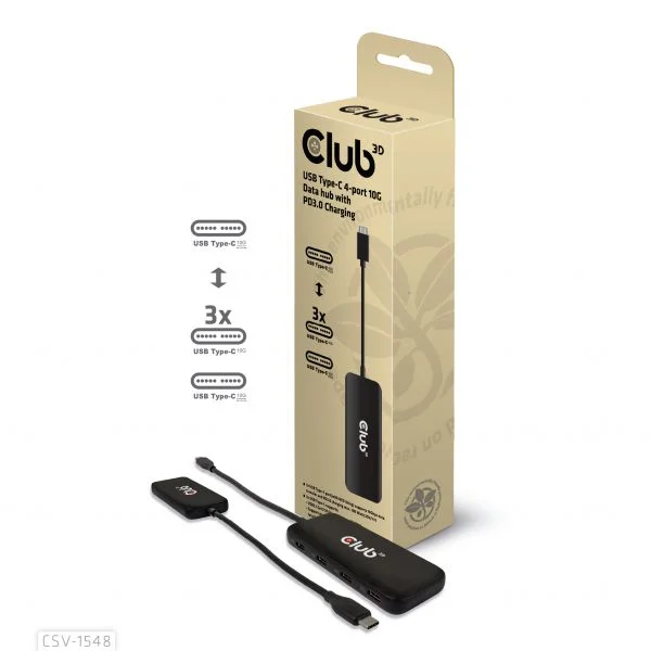 Club 3D CSV-1548 Hub USB-C 4 Portas 10G Data + PD3.0 100W Preto