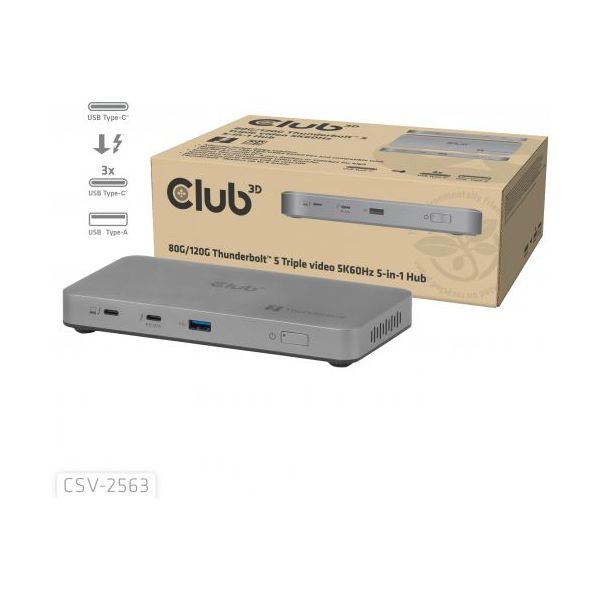 Club 3D CSV-2563 Hub USB-C Thunderbolt 5 5-em-1 180W 5K60Hz 3xThunderbolt 1xUSB Cinzento