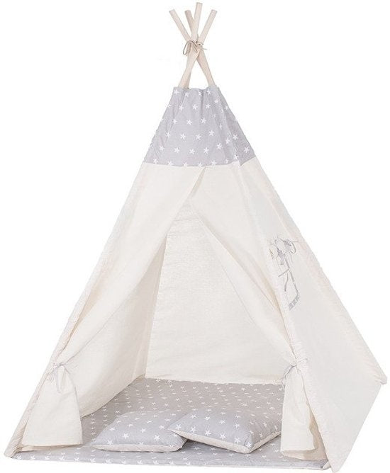 Tenda tipi infantil em algodão bege e cinza 160x120x100 cm com capas almofada
