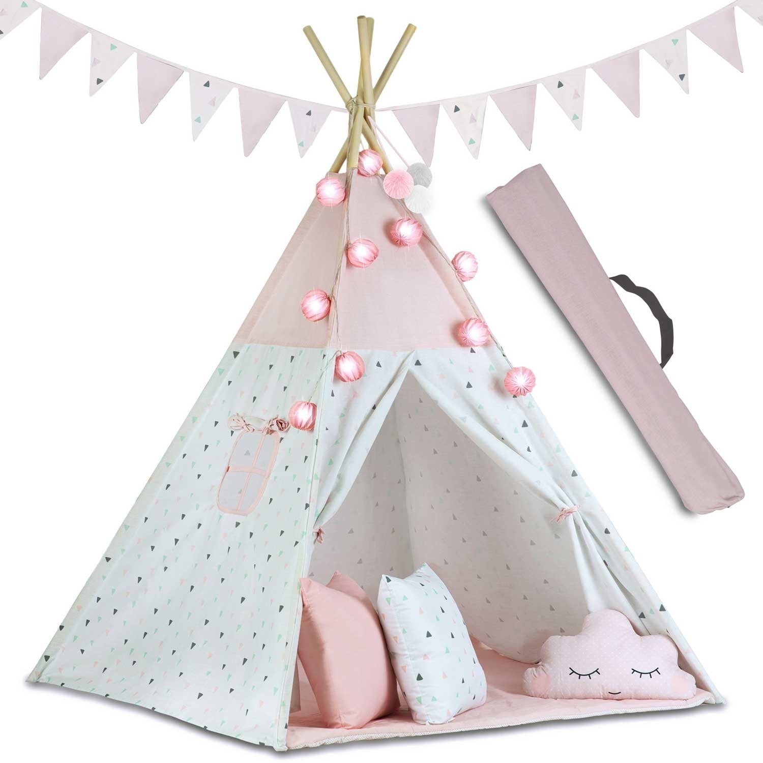Tenda tipi infantil com luz e grinaldas rosa