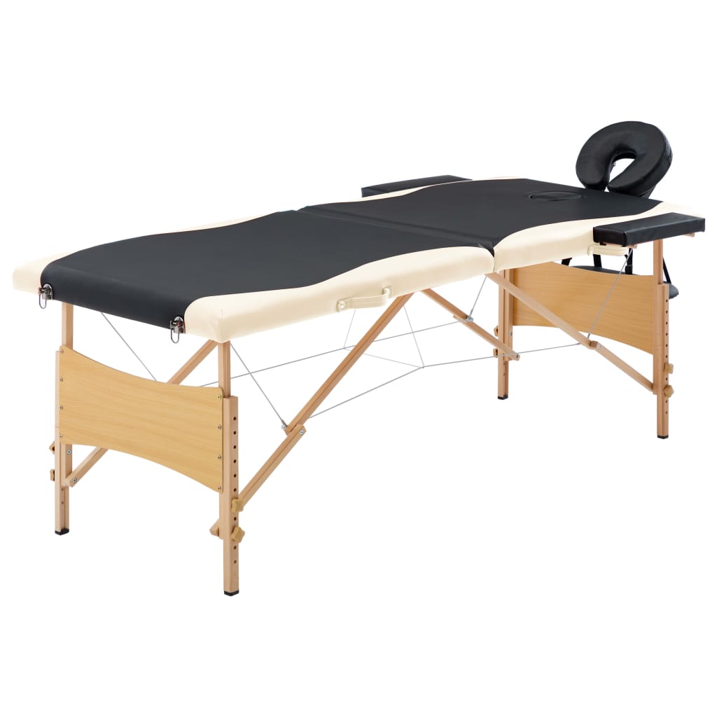 vidaXL Mesa de massagens dobrável 2 zonas madeira preto e bege