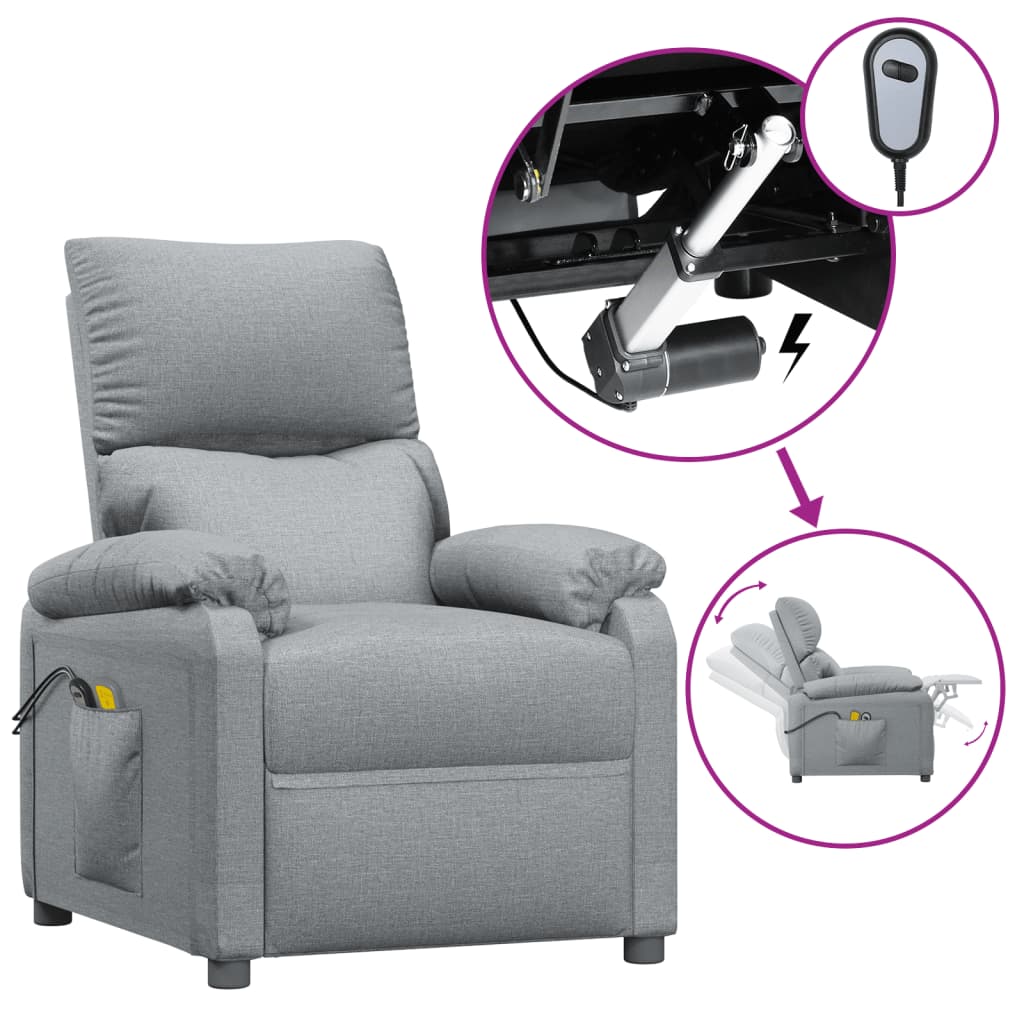 vidaXL Poltrona de massagens elétrica tecido cinzento-claro