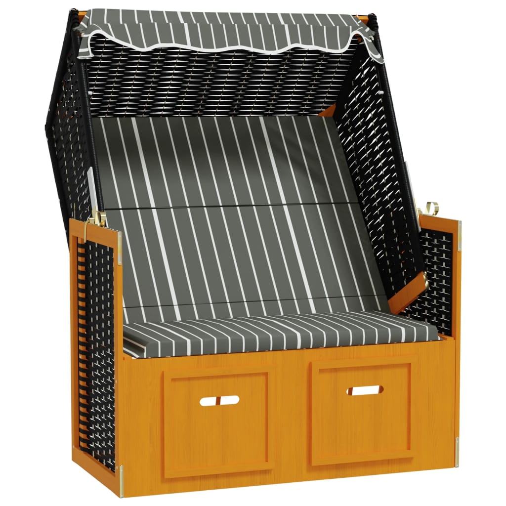 vidaXL Strandkorb com toldo vime PE e madeira maciça preto e cinzento