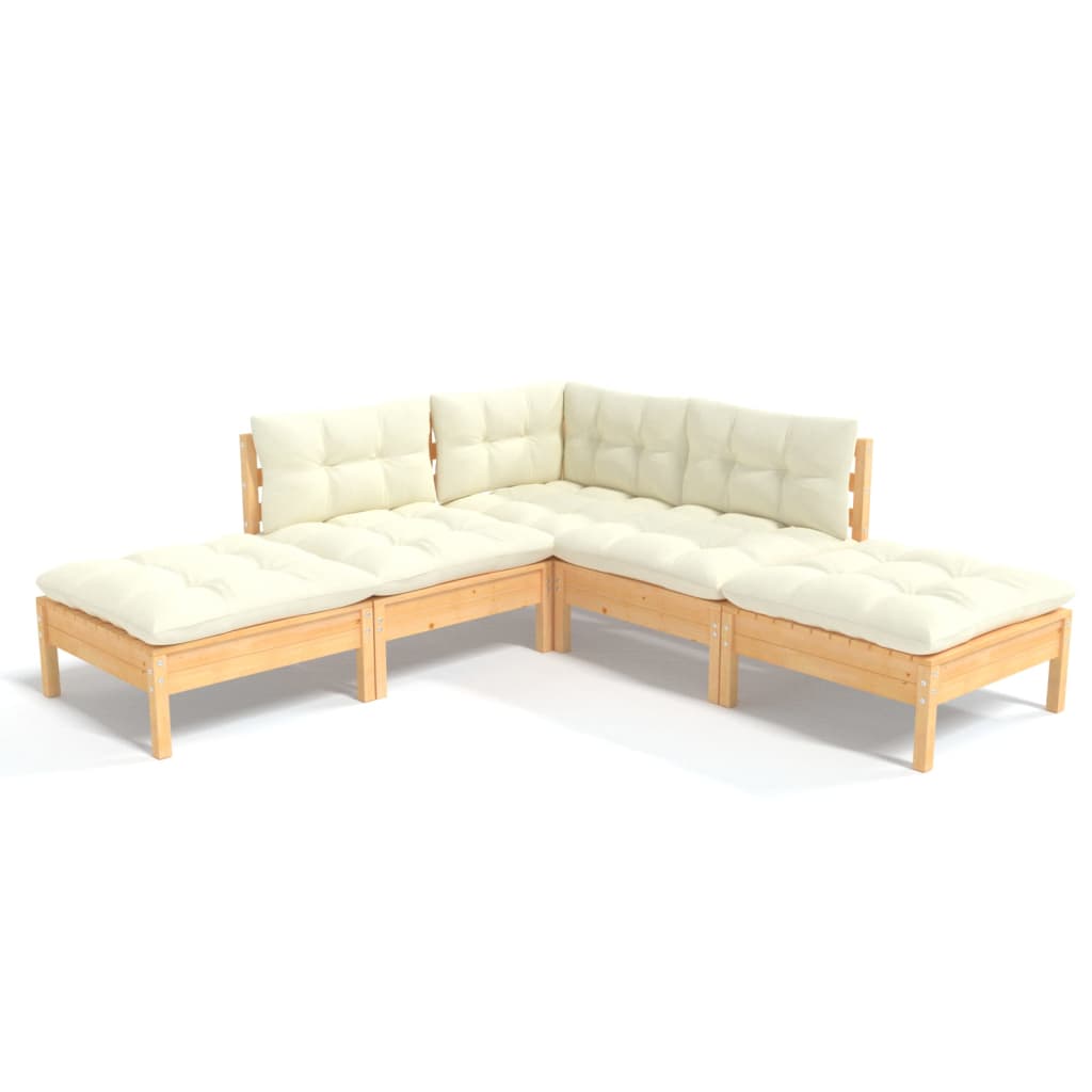 vidaXL 5 pcs conjunto lounge de jardim c/ almofadões cor creme pinho