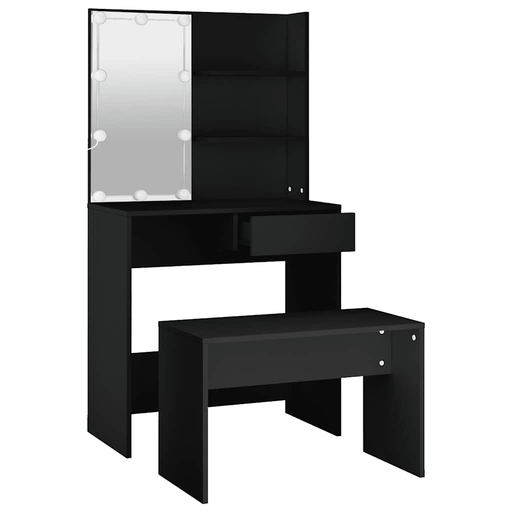 vidaXL Conjunto de toucador com luzes LED derivados de madeira preto