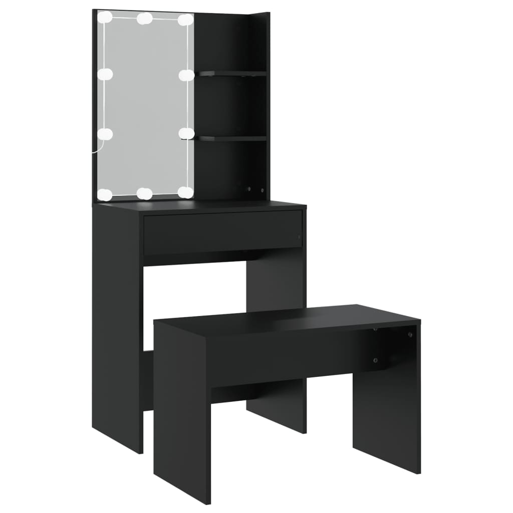 vidaXL Conjunto de toucador com luzes LED derivados de madeira preto