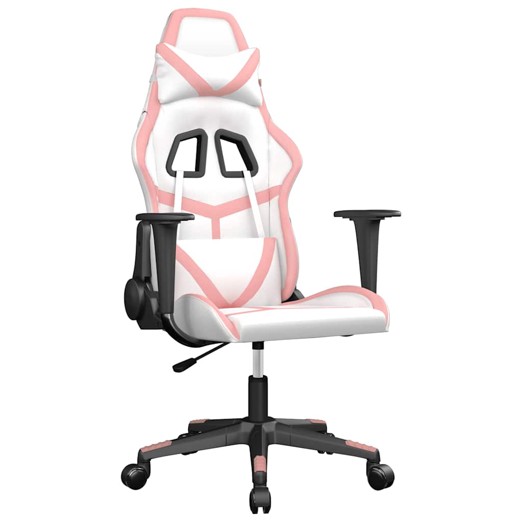 vidaXL Cadeira gaming massagens couro artificial branco e rosa