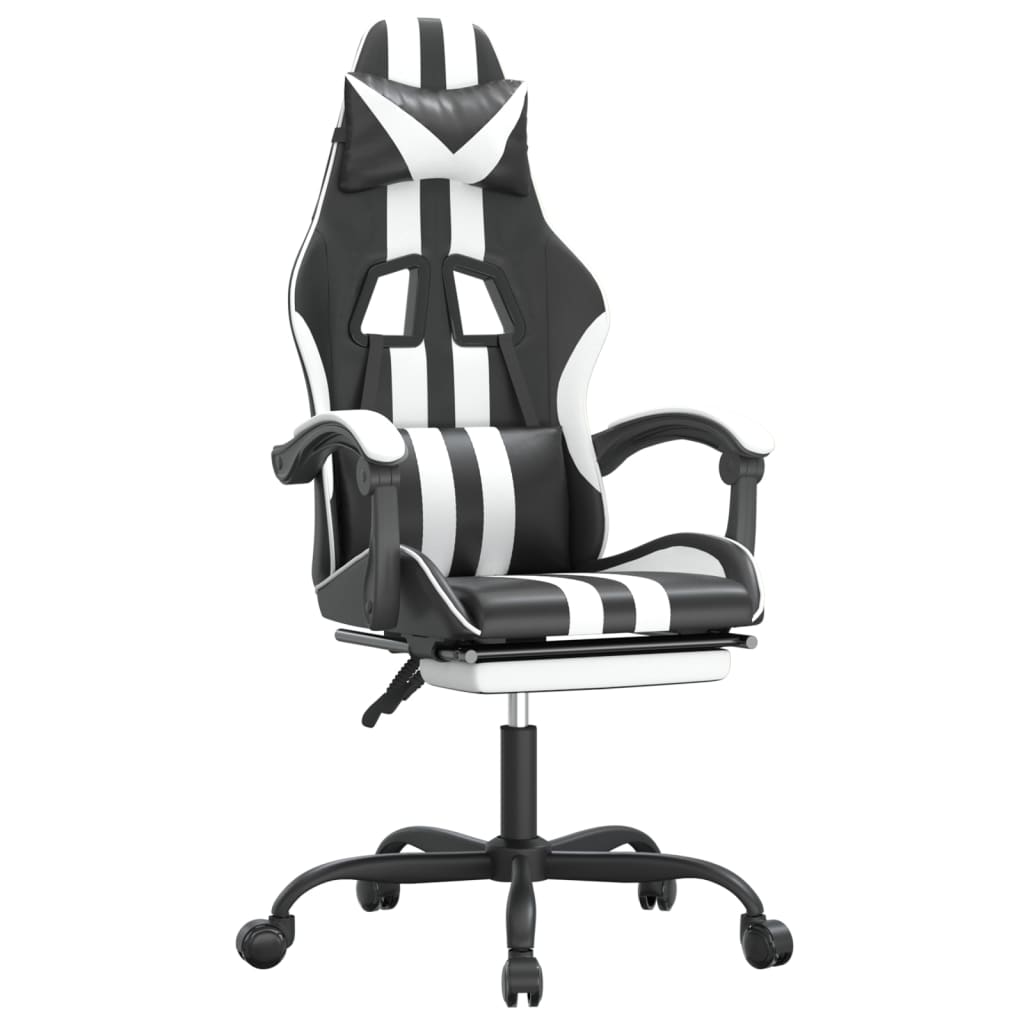 vidaXL Cadeira gaming giratória c/ apoio pés couro artif. preto/branco