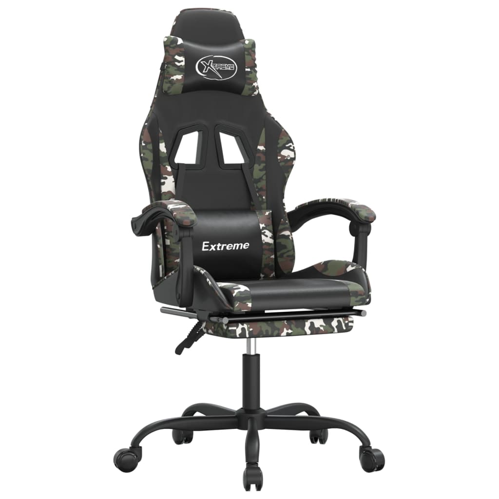vidaXL Cadeira gaming giratória + apoio pés couro art. preto/camuflado