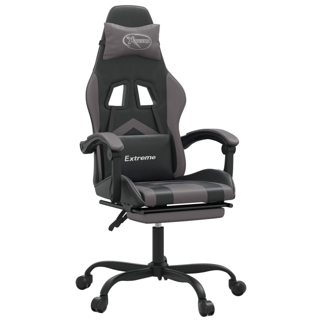 vidaXL Cadeira gaming giratória c/ apoio pés couro artif. preto/cinza