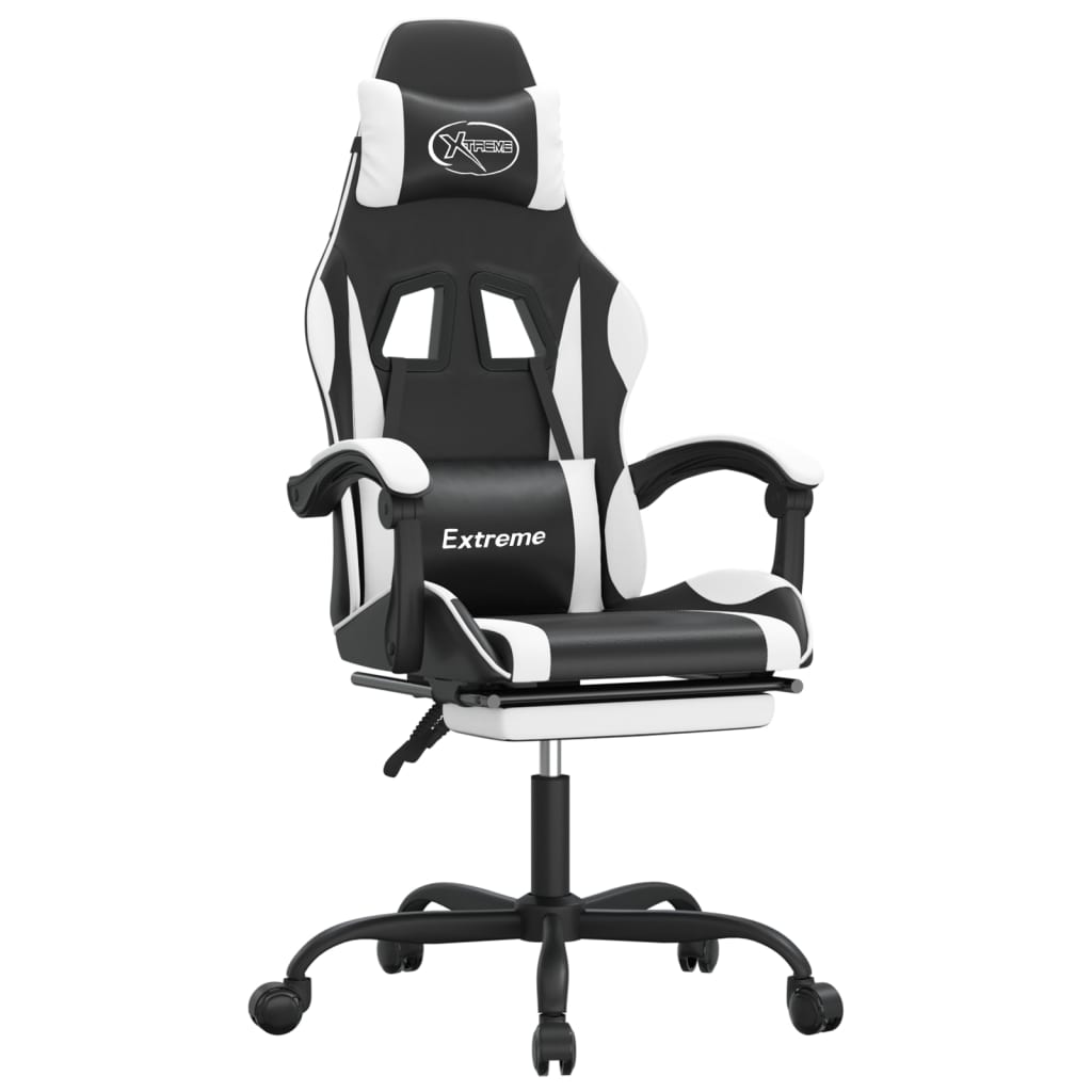 vidaXL Cadeira de gaming c/ apoio pés couro artificial preto/branco