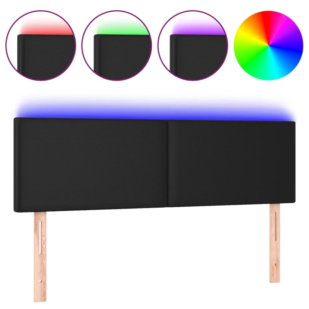 vidaXL Cabeceira de cama c/ LED couro artificial 144x5x78/88 cm preto