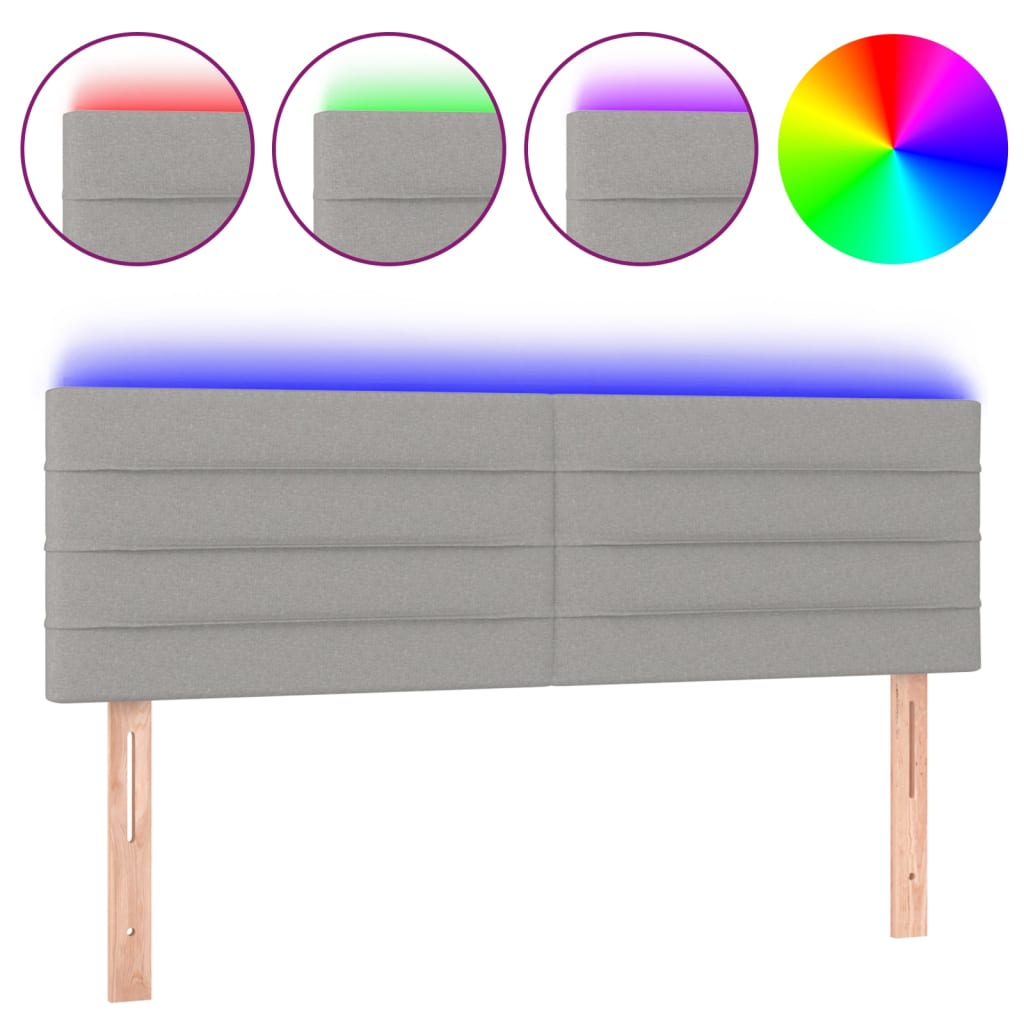 vidaXL Cabeceira de cama c/ luzes LED tecido 144x5x78/88cm cinza-claro