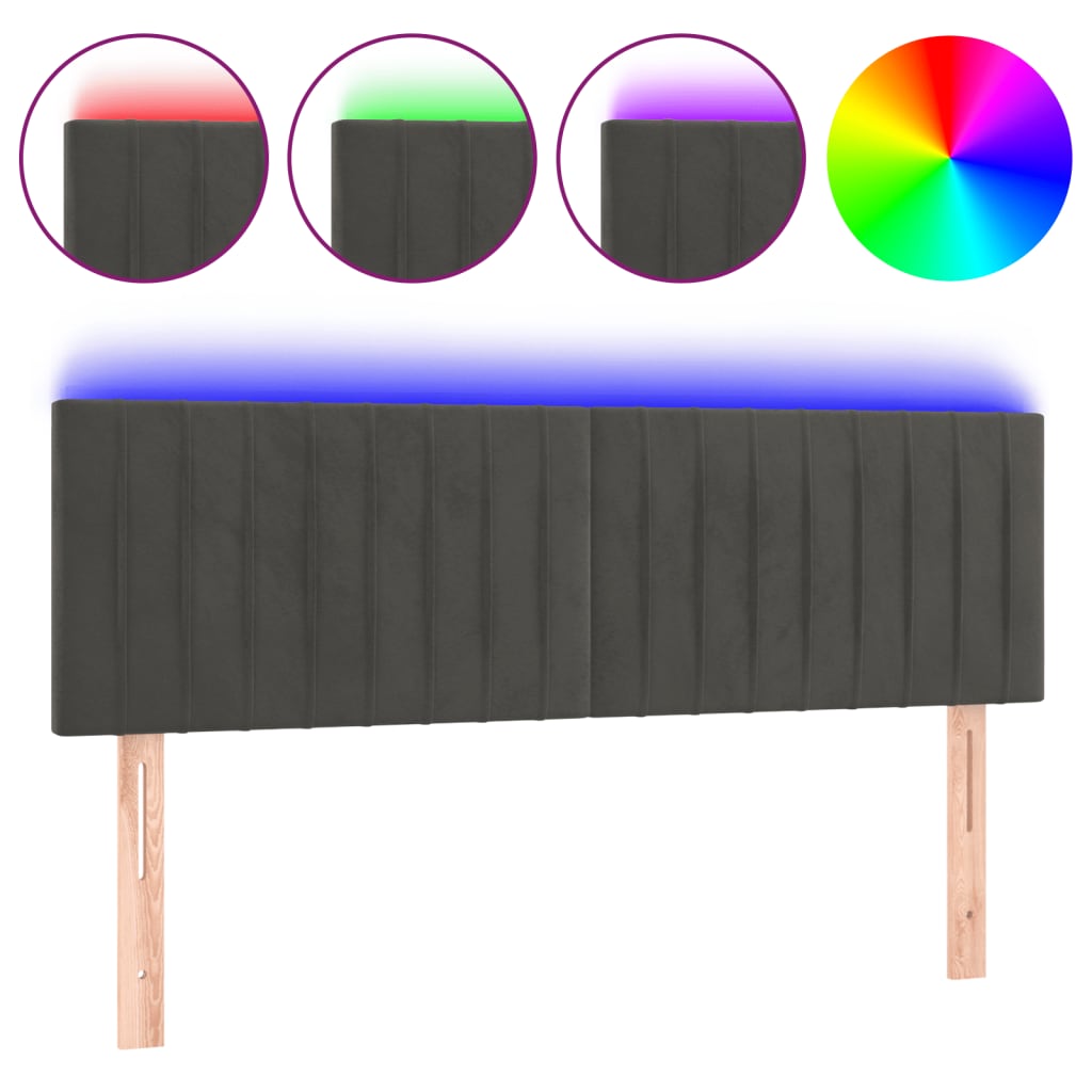 vidaXL Cabeceira de cama c/luzes LED veludo 144x5x78/88cm cinza-escuro