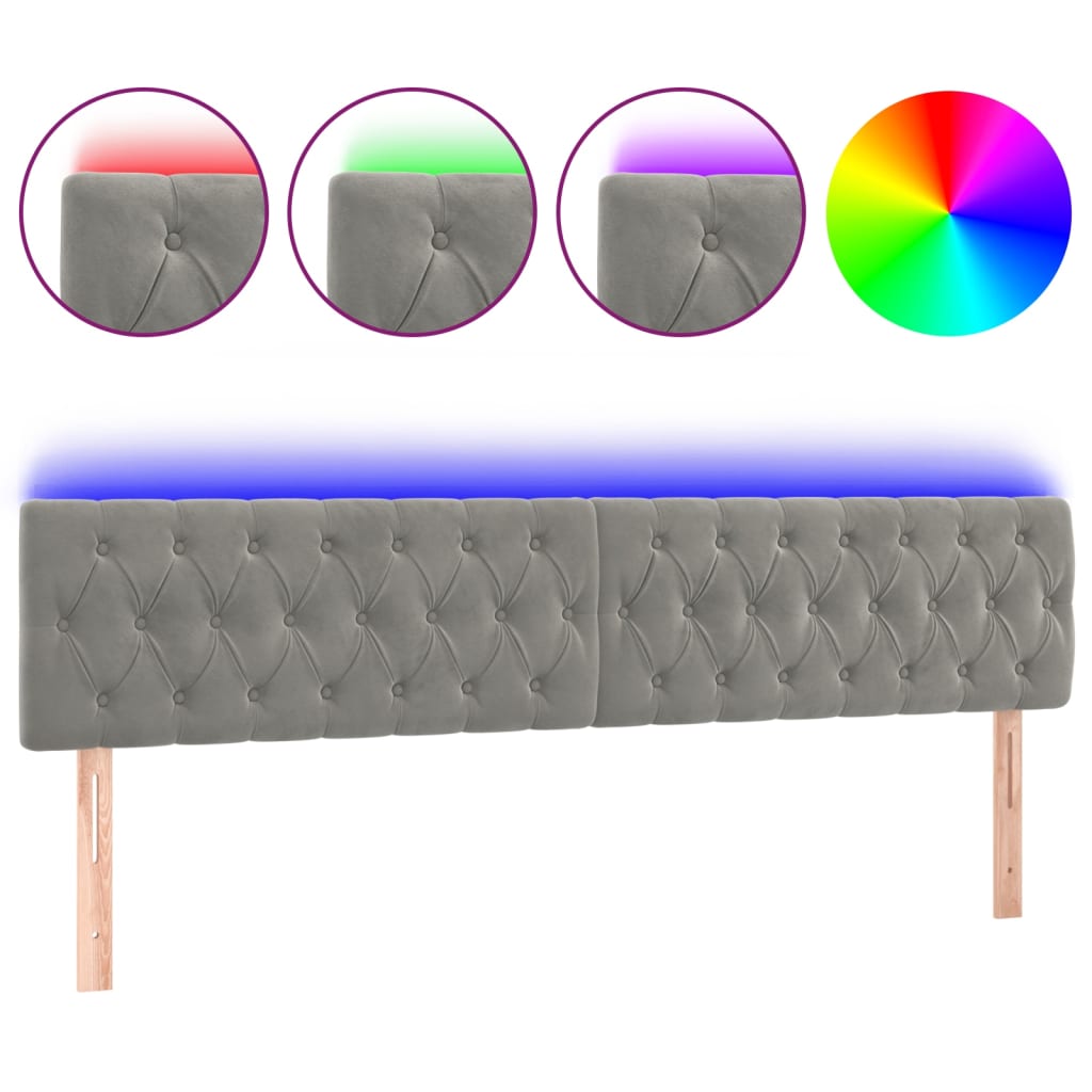 vidaXL Cabeceira de cama c/luzes LED veludo 180x7x78/88 cm cinza-claro
