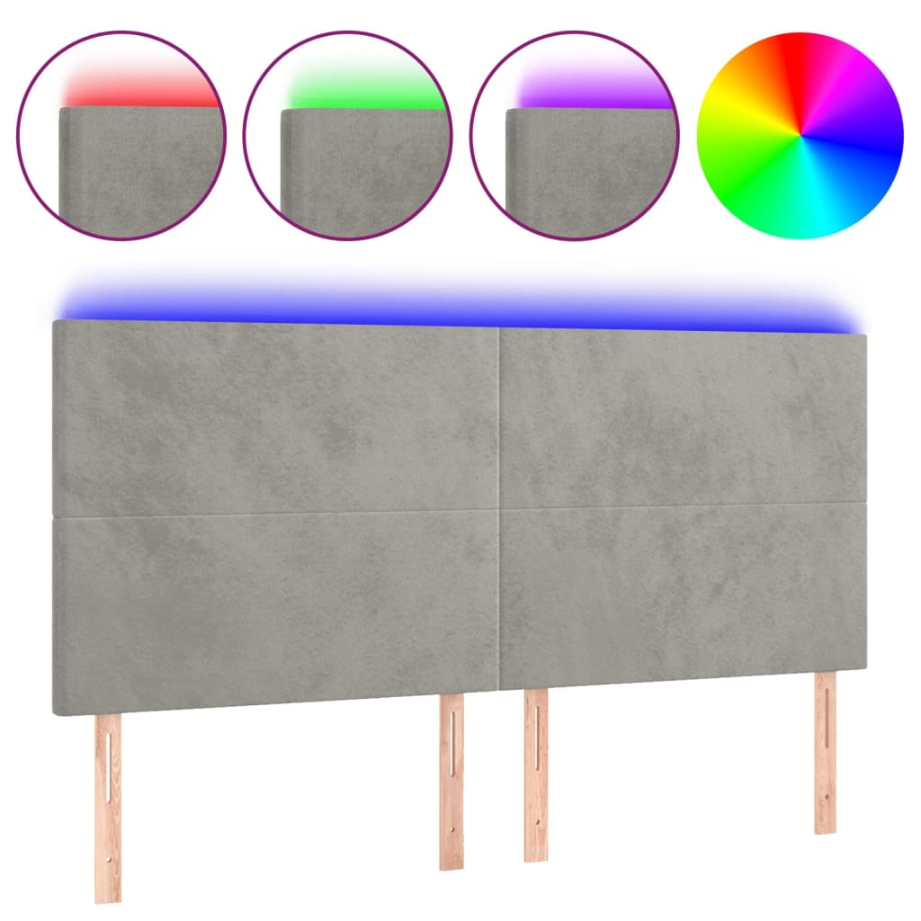 vidaXL Cabeceira cama c/ luzes LED veludo 180x5x118/128cm cinza-claro