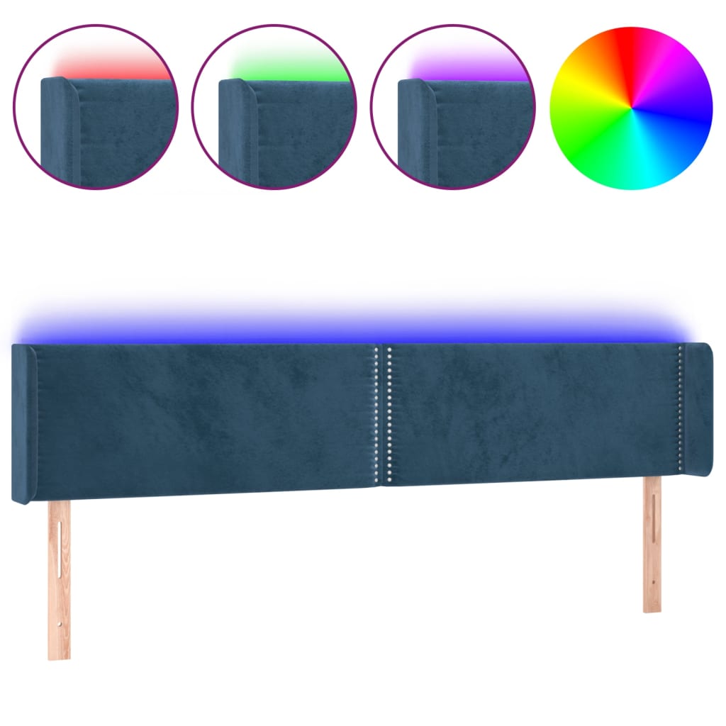 vidaXL Cabeceira cama c/ luzes LED veludo 183x16x78/88 cm azul-escuro
