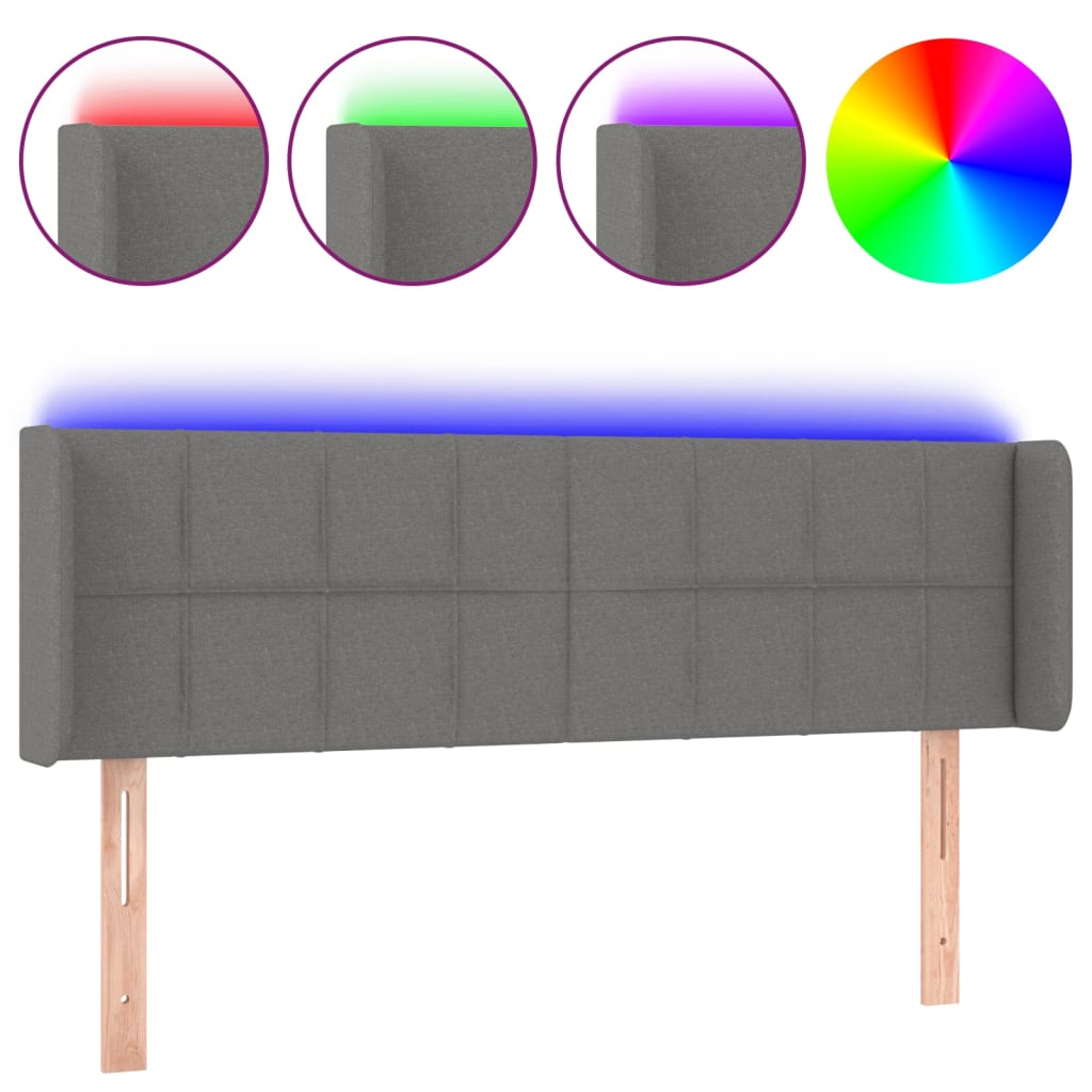 vidaXL Cabeceira cama c/ luzes LED tecido 147x16x78/88cm cinza-escuro