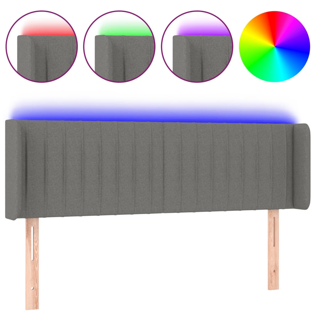 vidaXL Cabeceira cama c/ luzes LED tecido 147x16x78/88cm cinza-escuro