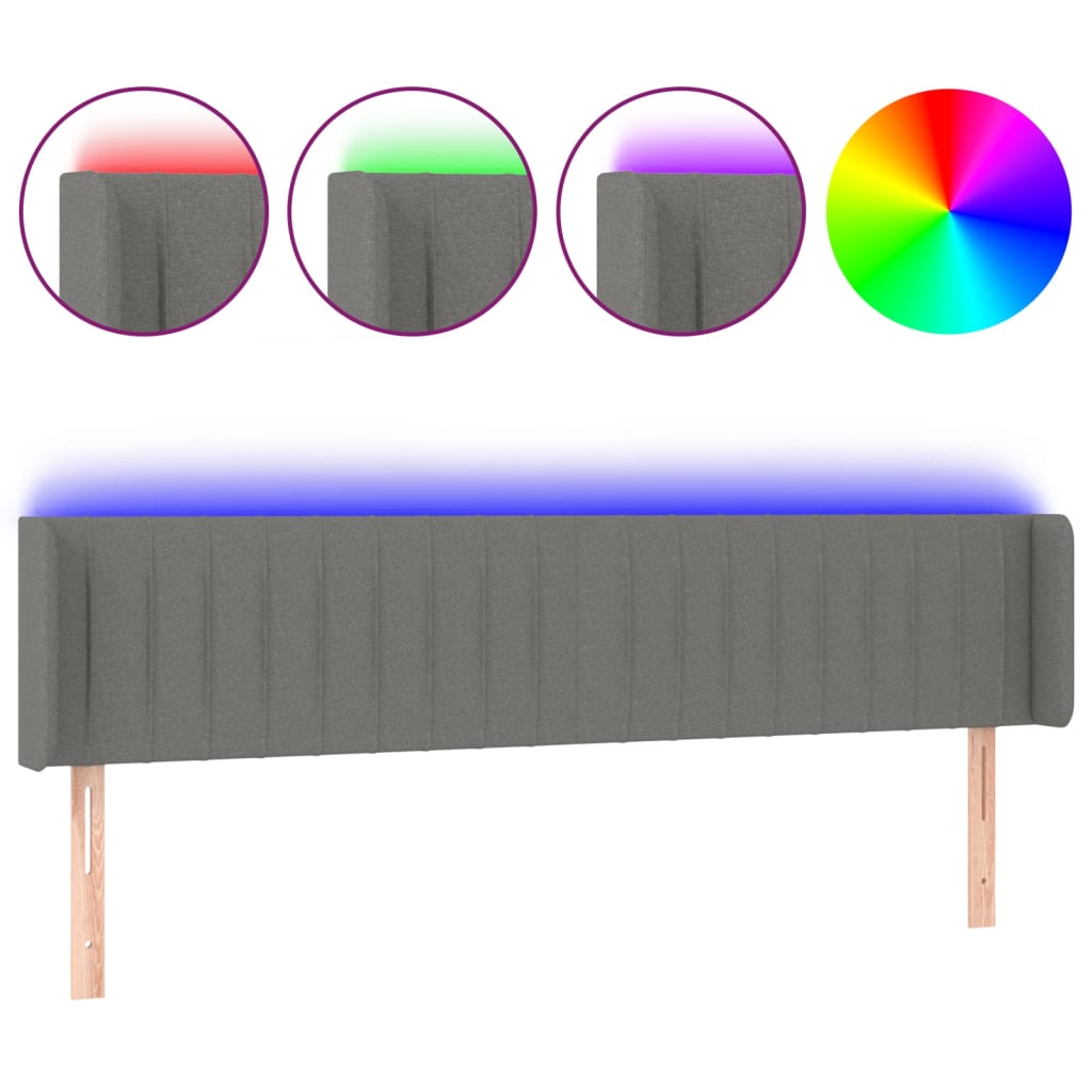 vidaXL Cabeceira cama c/ luzes LED tecido 203x16x78/88cm cinza-escuro