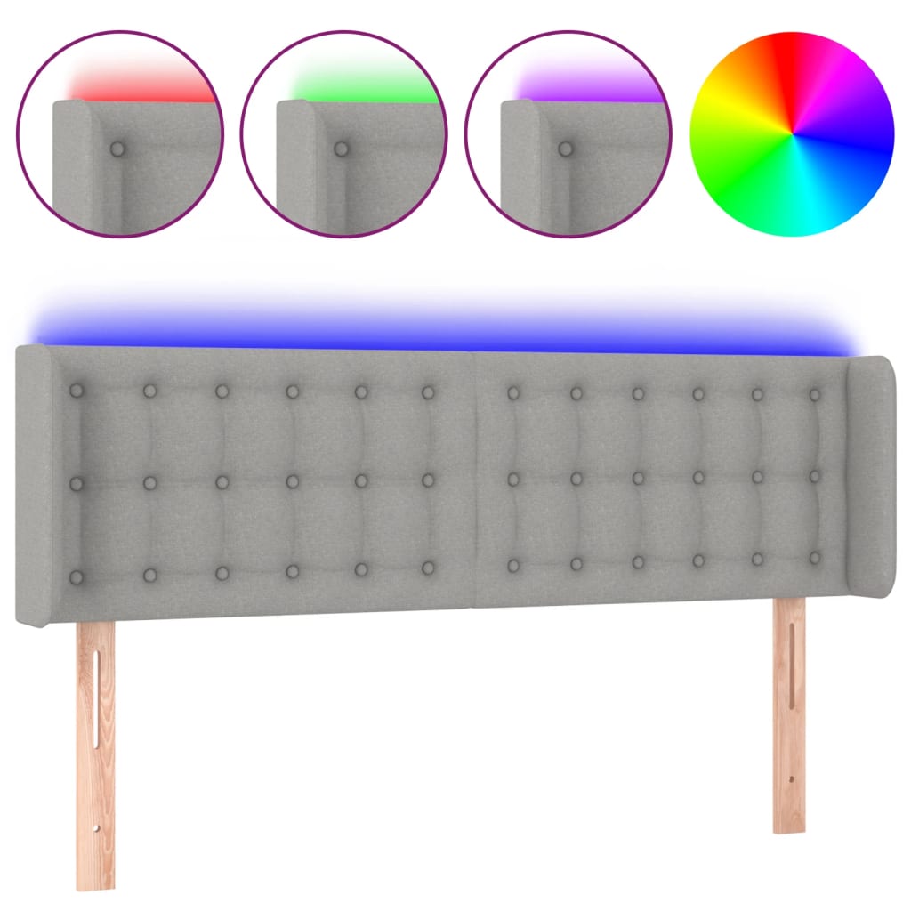 vidaXL Cabeceira cama c/ luzes LED tecido 147x16x78/88 cm cinza-claro