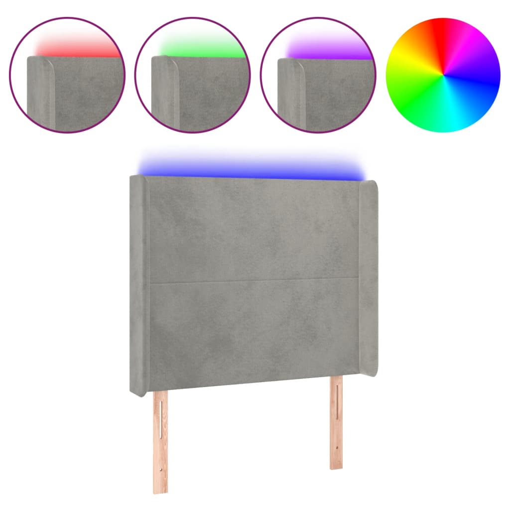 vidaXL Cabeceira cama c/ luzes LED veludo 83x16x118/128 cm cinza-claro