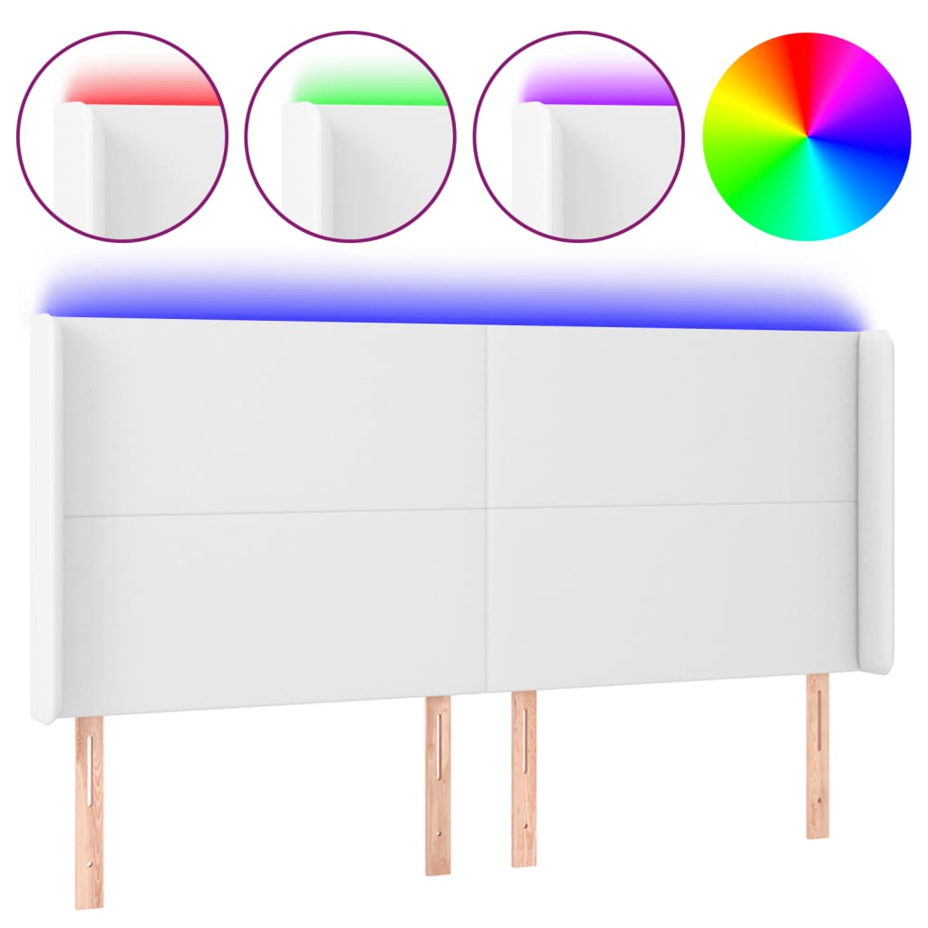 vidaXL Cabeceira cama c/ LED couro artificial 163x16x118/128 cm branco